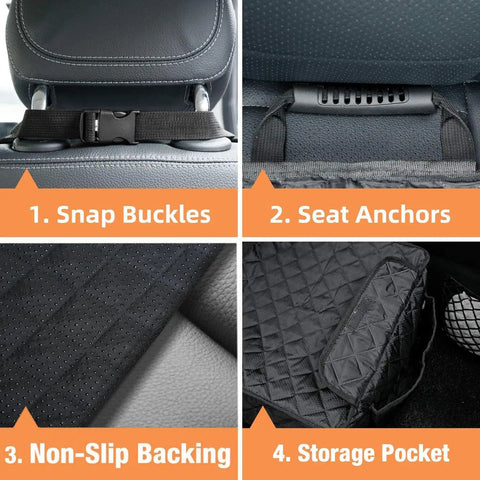 Waterproof Front Seat Car Cover With Side Flaps For Dogs Nonslip Scratchproof Seat Protector For Cars Trucks SUVs And Jeeps Full Coverage Front Seat Mat With Easy Clean Design showing snap buckles, seat anchors, non-slip backing, storage pocket.