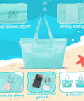 Blue Mesh Beach Bag With Zipper, Large Sandproof Waterproof Tote with 8 pockets, shown with interior pockets and starfish.