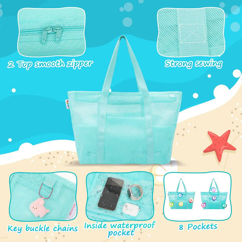 Blue Mesh Beach Bag With Zipper, Large Sandproof Waterproof Tote with 8 pockets, shown with interior pockets and starfish.