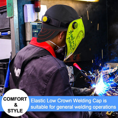 2 Pack Flame Resistant Welding Caps For Men And Women, Reversible Cotton Soft Short Crown Welders Hats With Elastic shown during welding