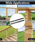 Rugged And Ready Heavy Duty 100 Pack Left And Right Handed T316 Stainless Steel Swage Lag Screws For Wood Posts One Eighth Inch Black Cable Railing Kit With Wrench Included For Deck, Stair Railing And DIY Baluster Projects shown in various applications such as horizontal, corner, stair, and level to stair on wooden railings with cable