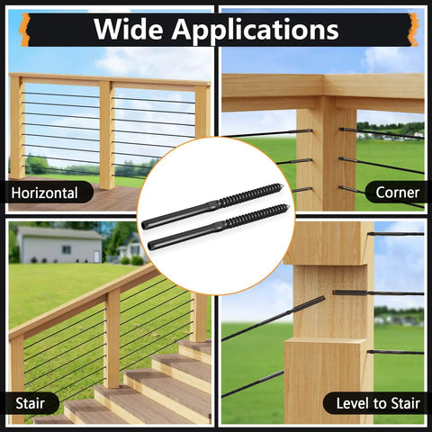 Rugged And Ready Heavy Duty 100 Pack Left And Right Handed T316 Stainless Steel Swage Lag Screws For Wood Posts One Eighth Inch Black Cable Railing Kit With Wrench Included For Deck, Stair Railing And DIY Baluster Projects shown in various applications such as horizontal, corner, stair, and level to stair on wooden railings with cable