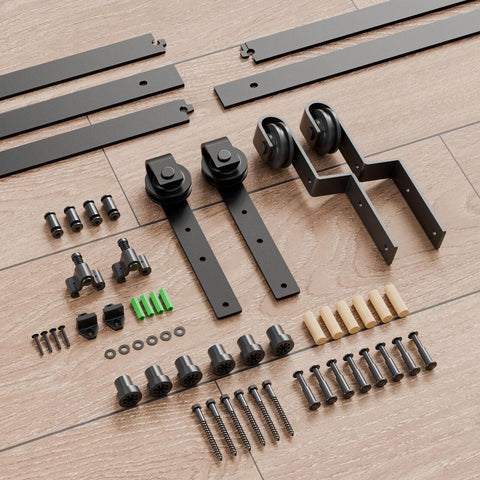 Bypass Sliding Barn Door Hardware Kit with Single Track System, carbon steel, frosted black, components laid out on the floor.