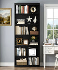 Sturdy Six Tier Bookshelf Tall Storage Rack Nifty Space Saver Display Stand For Living Room And Home Office black wood unit with books and decor