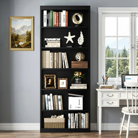 Sturdy Six Tier Bookshelf Tall Storage Rack Nifty Space Saver Display Stand For Living Room And Home Office black wood unit with books and decor