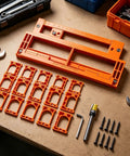 Top Rated Shop Favorite Adjustable Concealed Hinge Router Template For Cabinet Doors Reusable Woodworking Jig with orange pieces and tools.