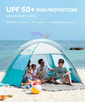 Family relaxing in olive green Four Person Beach Tent With Easy Pop Up Setup Shade Shelter, UPF 50+ UV Protection, at the beach.