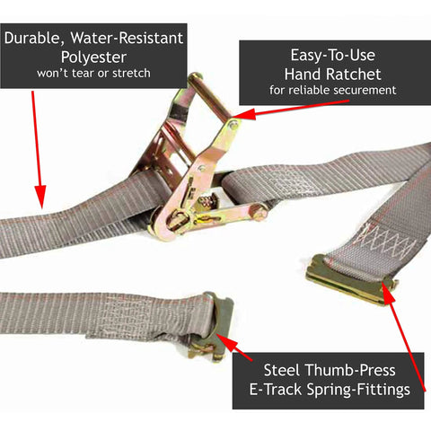 Heavy Duty Trailer Tie Down Kit featuring a ratchet strap with E-track spring-fittings and durable, water-resistant polyester material