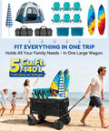 Beach wagon with 9 inch PU balloon wheels for sand, collapsible heavy duty cart holds up to 440 lbs, family at beach.