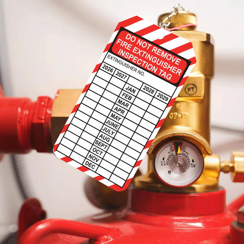 25 Pack Fire Extinguisher Tags With Adjustable Wire Ties For Monthly Inspections And 8 Year Maintenance Records 3.25 By 5.75 Inch