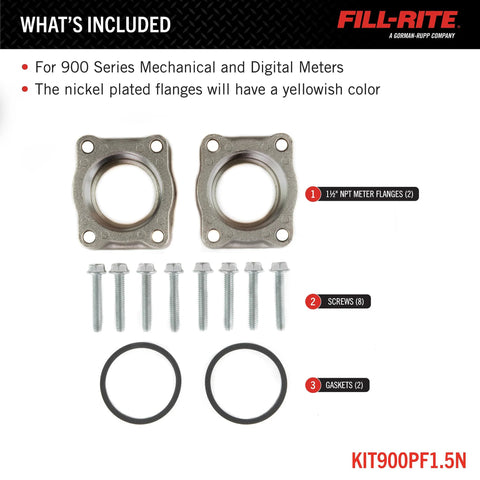 Fill-Rite KIT900PF1.5N kit: two nickel 1/2 in NPT meter flanges, eight screws, two gaskets.