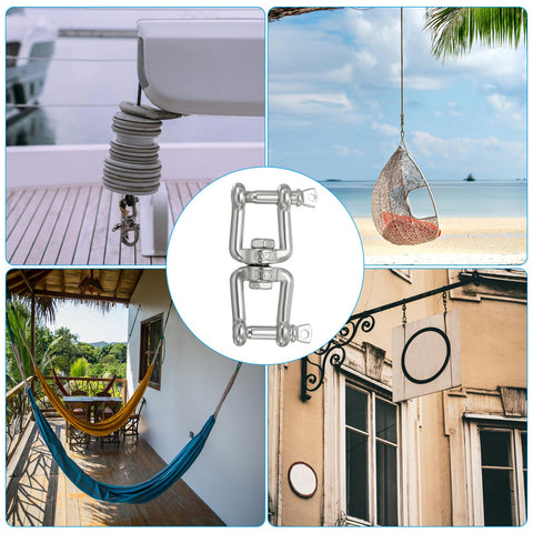 Double Shackle Swivel Hook M8 Working Load 475kg 1047lbs 304 Stainless Steel Jaw To Jaw Swivel Shackle Ring Connector shown with applications
