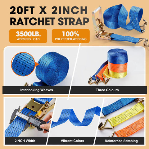 Tough As Nails 2 Inch Ratchet Straps 20 Foot Tie Down Cargo Binders with interlocking weaves and vibrant colors.