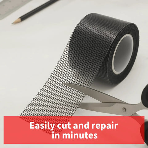 Scissors cutting Fiberglass Screen Repair Tape 2 In By 20 Ft With Strong Adhesive Mesh Patch for windows or doors