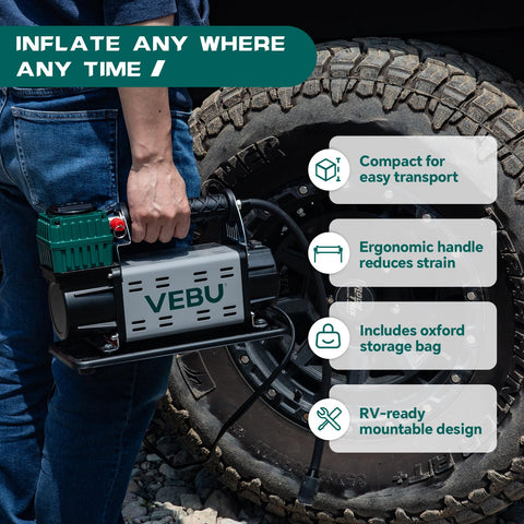 Person holding 12V Tire Inflator With In Line Pressure Gauge, 125 PSI Fast Inflation For Off Road Rigs, Trucks, SUVs, RVs, ATVs
