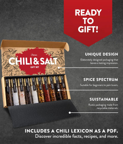 Open Salt And Chili Gift Kit For Men, 5 Gourmet Sea Salts And 5 Hot Chili Varieties with elegant packaging and PDF included.