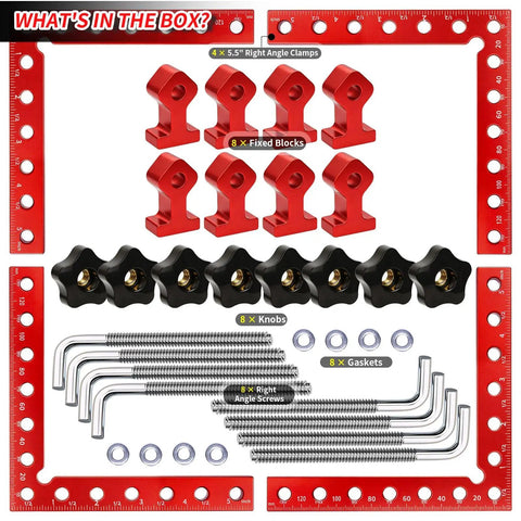 Heavy Duty 4 Pc Aluminum Corner Clamps Perfect For Precise Woodworking Projects With Rust Proof And Durable Construction For Easy Right Angle Jigging set with red clamps, blocks, knobs, and screws.