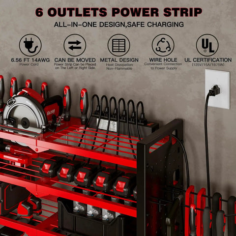 Power Tool Organizer Wall Mount With UL Certified 6 Outlet Charging Station 4 Layer 6 Slot Cordless Drill Holder And Angle Grinder Holder Red Heavy Duty Garage Workshop Storage