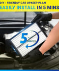 Hand holding cabin air filter, text reads 'Easily Install in 5 Mins', promoting Cabin And Engine Air Filter Set For Subaru Crosstrek Outback Legacy Ascent Impreza XV 2017-2026 Replacement 8713958010 Direct Fit Premium Maintenance Kit.