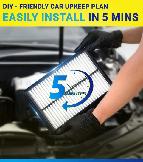 Hand holding cabin air filter, text reads 'Easily Install in 5 Mins', promoting Cabin And Engine Air Filter Set For Subaru Crosstrek Outback Legacy Ascent Impreza XV 2017-2026 Replacement 8713958010 Direct Fit Premium Maintenance Kit.