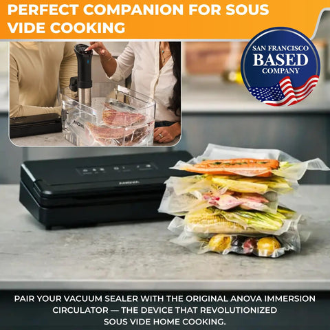 Precision Vacuum Sealer Pro For Sous Vide And Long Term Storage with sealed food bags on kitchen counter