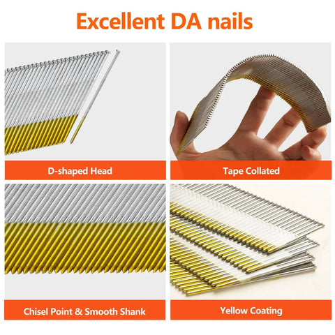 Top Tier SS304 Stainless Steel Finish Nails 15 Gauge 34 Degree Angled Head 1 1/2 Inch Long Corrosion Resistant Rust Proof Woodworking Fasteners 1000 Count D-shaped heads and tape collated for easy use.