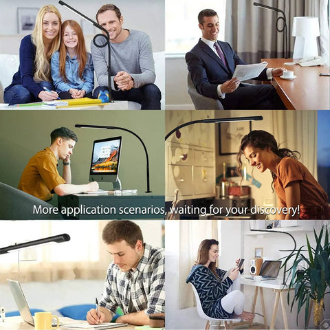 Swing Arm Desk Lamp With Remote Eye Care Gooseneck LED Clamp Light in different settings, office, study, and crafting spaces