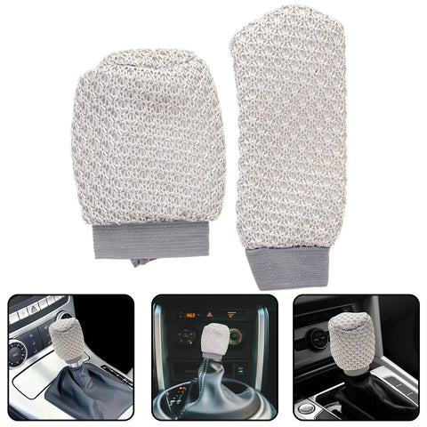 Get That Fresh And Breezy Fit With This Super Durable Gear Shift Knob Cover Kit Plus Breathable Brake Handle Grip Sleeve Made For Ultimate Comfort And Long lasting Style In Your Ride. gray knit shifter and handbrake cover set, breathable fabric