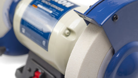 Close-up of Slow Speed 8 Inch Bench Grinder with One Half HP Motor 1750 RPM showcasing 60 grit white aluminum oxide wheel