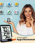 4 Pack Room Thermometer Indoor Hygrometer Humidity Gauge Meter With High Accuracy Temperature And Humidity Monitor Wet Ok Dry Icons For Easy Read Humidity Levels Perfect For Home Office Kitchen Nursery And Garage black digital display with stand