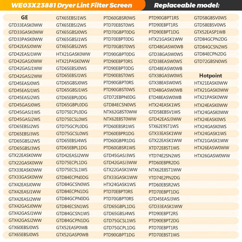 Compatibility chart for Stainless Steel Dryer Lint Filter Screen Replacement For GE Hotpoint Dryers GTX GTD series models.