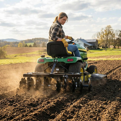 Cat 0 Disc Plow Harrow For Compact Tractors 54 Inch Wide With 8 Hardened Steel Disc Blades attached to a green tractor in a field