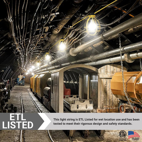 Built Tough Construction Cage String Lights 100 Ft Long With 10 E26 Medium Base Sockets 150W Max Per Bulb ETL Certified in tunnel
