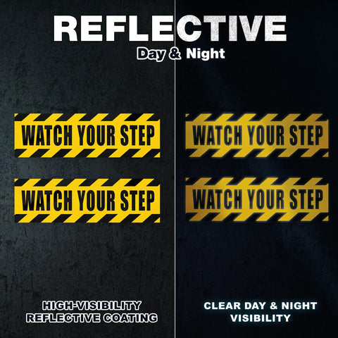 Caution Floor Decals 10x3 Inches Yellow Reflective Stickers For Steps Waterproof Self Adhesive Signage Watch Your Step With Bold Black Lettering And Diagonal Stripes Two Pack, shown with day and night visibility.