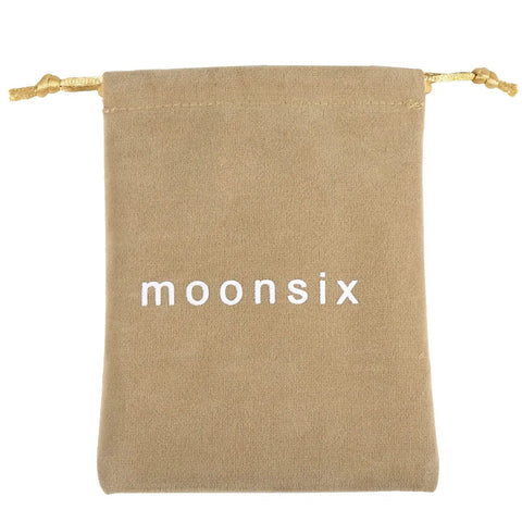 Brown drawstring pouch with 'moonsix' logo.