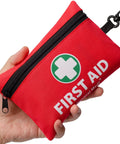General Medi mini red first aid kit pouch with dual zipper and carabiner clip.