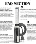 Corded Electric Milk Frother With Plug In Handheld Whisk For Coffee Lovers Latte Cappuccino And Hot Chocolate Foam Maker Power Packed Drink Mixer For Home Use next to FAQ section explaining product details and usage.
