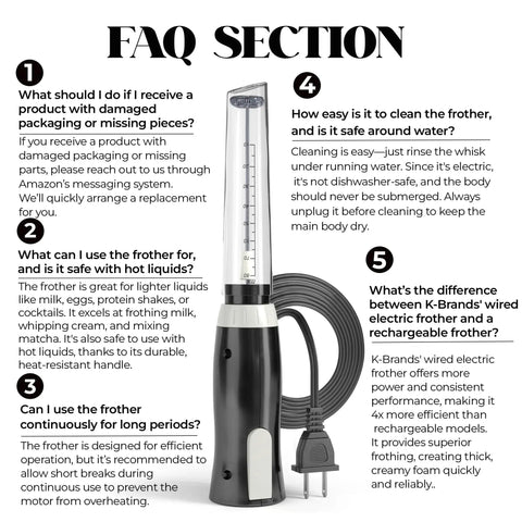 Corded Electric Milk Frother With Plug In Handheld Whisk For Coffee Lovers Latte Cappuccino And Hot Chocolate Foam Maker Power Packed Drink Mixer For Home Use next to FAQ section explaining product details and usage.