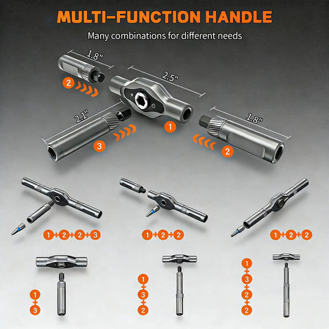 Multi-function handle components of 24 In 1 Magnetic Ratchet Screwdriver Set Featuring Detachable Handle And Integrated Mini Wrench.