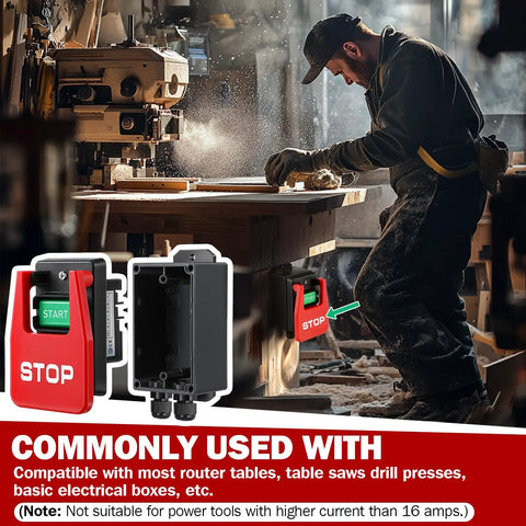 Kickass On Off Switch For Table Saw And Woodworking Gear Dual Voltage 120V 230V single phase circuit breaker panel seen in workshop.