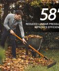 Person using Heavy Duty Bow Rake With 14 Tines And Fiberglass Handle 58 Inch Length Durable Steel Head for lawn care.