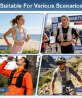 Collage of people using Hydration Running Vest for Men and Women with Adjustable Chest Straps, perfect for cycling, hiking, running, and marathon.