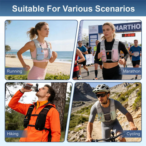 Collage of people using Hydration Running Vest for Men and Women with Adjustable Chest Straps, perfect for cycling, hiking, running, and marathon.