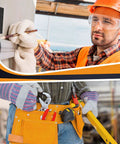 Construction worker wearing safety gear, with tool belt and measuring tools on construction site