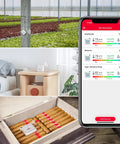 Bluetooth Thermometer Hygrometer With 260 Foot Range Easy App Pairing Wireless Temperature And Humidity Monitor For Home Office Or Garage Battery Powered Real Time Alerts Compatible With iPhone And Android. App screen monitoring greenhouse, bedroom, and cigar box