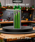 Heavy Duty Cold Chisel Set Three Eighths Inch One Half Inch Five Eighths Inch Premium Carbon Steel Chisels packaged with holiday ribbon