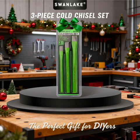 Heavy Duty Cold Chisel Set Three Eighths Inch One Half Inch Five Eighths Inch Premium Carbon Steel Chisels packaged with holiday ribbon