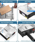 Compact Mini Table Saw Featuring Game Changing Dual Motor Safety Switches showcasing adjustable 0-90 angle cutting and dust collection pipe.