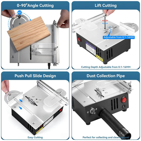 Compact Mini Table Saw Featuring Game Changing Dual Motor Safety Switches showcasing adjustable 0-90 angle cutting and dust collection pipe.