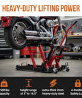 Beefy 1500 Lbs Hydraulic Motorcycle Lift Jack With Four Wheel ATV Scissor Lift Foot Operated Hoist in garage setting
